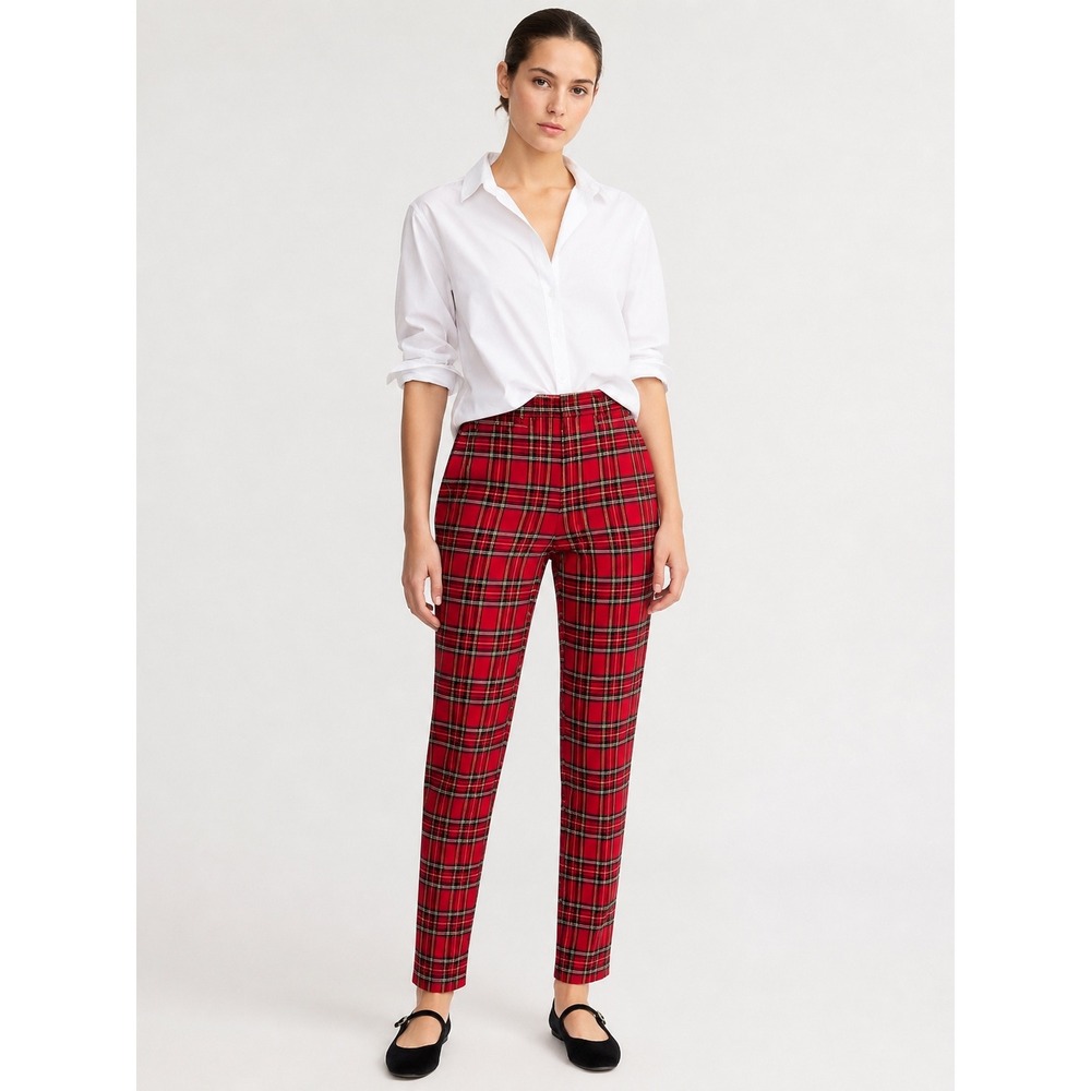 Tommy Hilfiger Womens Red Plaid Pull On Slim Leg Trousers 6 Old Money Preppy